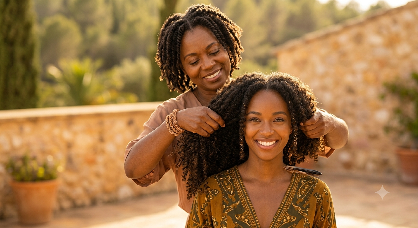 Nigerian mother carefully styling her daughter's natural hair